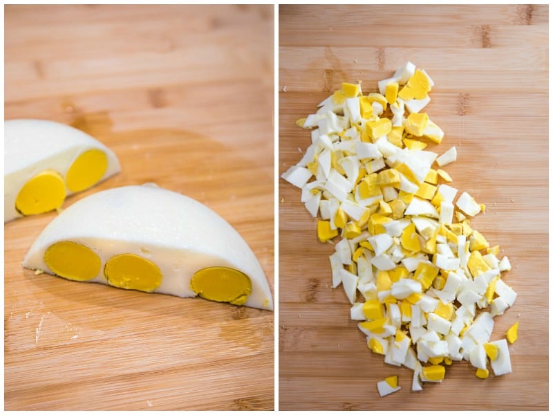 hardboiled egg loaf and chopped eggs on a cutting board