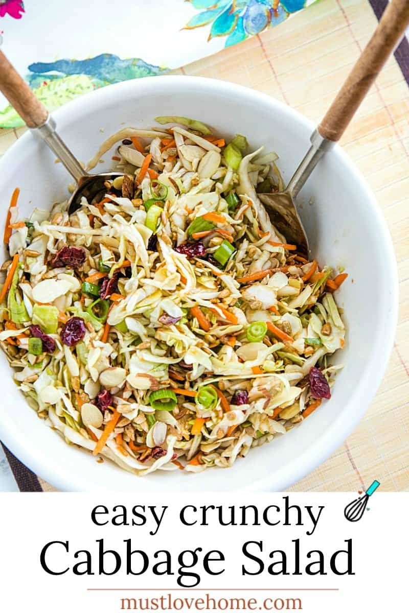 Crunchy Cabbage Salad with tangy dressing is a cool and crisp side to serve with any grilled meats and burgers. A barbecue must-have! #mustlovehomecooking