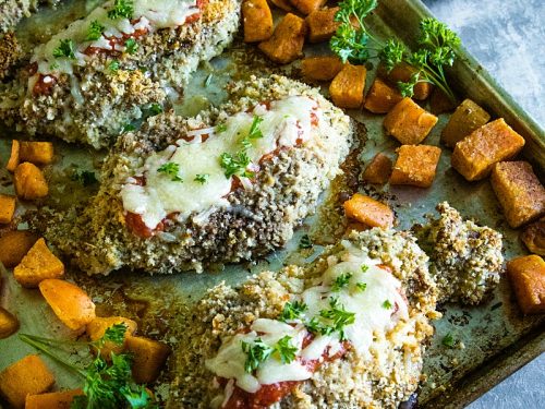 An easy and complete sheet pan dinner of juicy, bread crumb and parmesan cheese crusted pork chops with sweet potatoes baked right alongside. #must5lovehomecooking