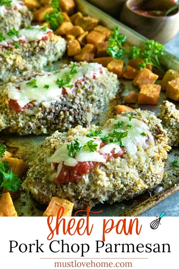 Sheet Pan Pork Chop Parmesan is an easy and complete sheet pan dinner of juicy, bread crumb and parmesan cheese crusted pork chops. #mustlovehomecooking