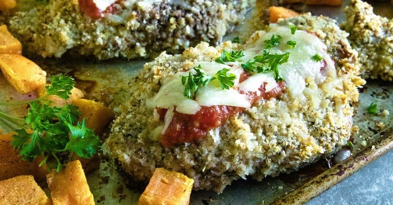 Sheet Pan Pork Chop Parmesan is an easy and complete sheet pan dinner of juicy, bread crumb and parmesan cheese crusted pork chops. #mustlovehomecooking