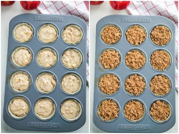 apple spice muffin batter in muffin tin with crumb topping.#mustlovehomecooking