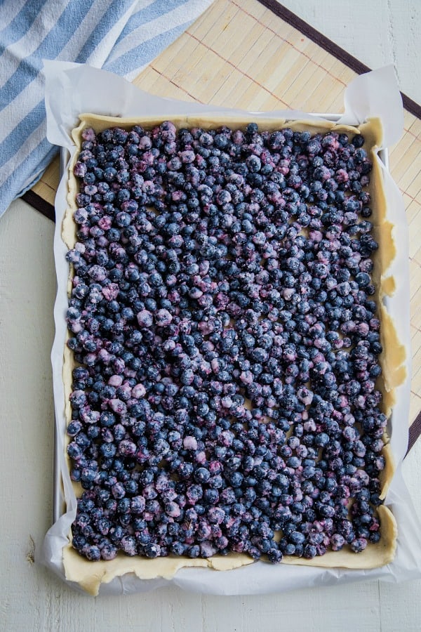 Homemade blueberry filling in a sheet pan pie crust