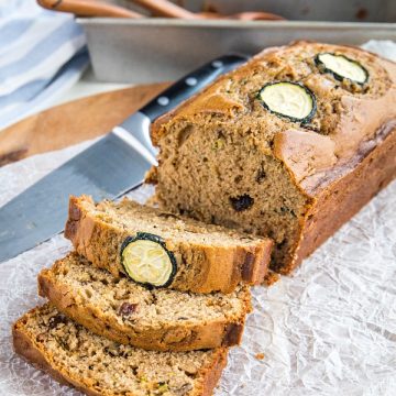 Super moist, buttery quick bread made with tangy sour cream and chock full of raisins, nuts and healthy shredded zucchini. #mustlovehomecooking