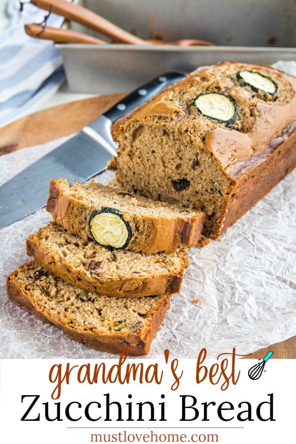 Super moist, buttery quick bread made with tangy sour cream and chock full of raisins, nuts and healthy shredded zucchini. #mustlovehomecooking