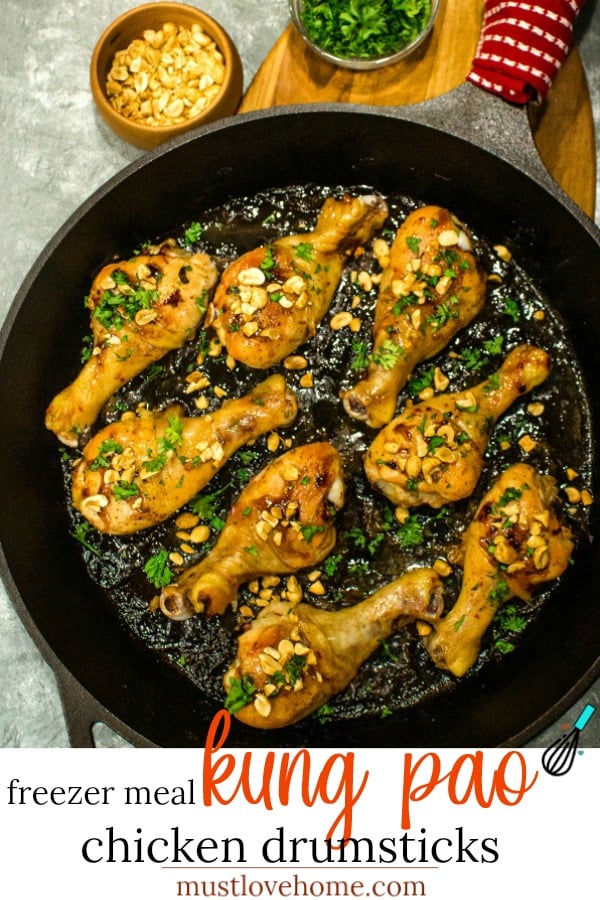 Oven crisp chicken legs and peanuts made into an easy freezer meal with a tasty salty, sweet, and spicy Kung Pao marinade. #mustlovehomecooking