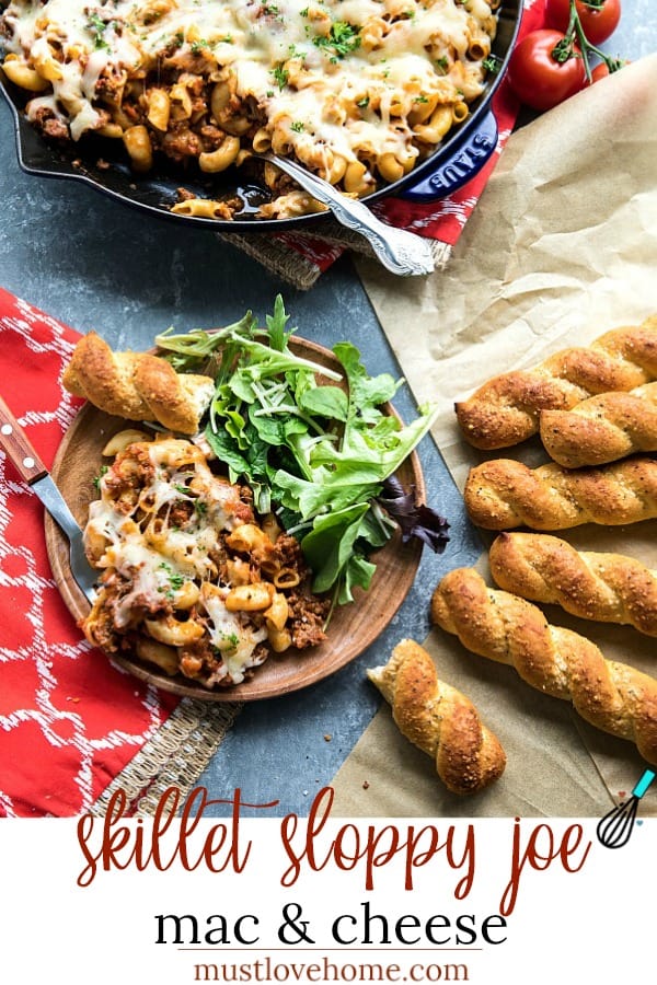 Best Ever Sloppy Joe Mac and Cheese has all the flavors of beefy sloppy joe wrapped in comforting cheesy pasta. It's two classics in one super easy skillet recipe! #mustlovehomecooking