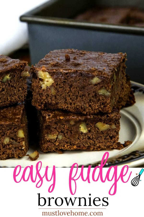 Rich and dense, these Easy Fudge Brownies made with unsweetened chocolate and walnuts are the perfect balance of chewy and cakelike brownies. #mustlovehomecooking