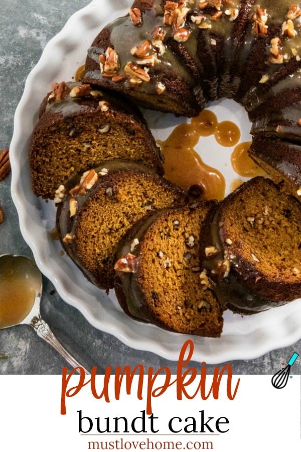 This Pumpkin Bundt Cake is irresistibly spiced, super moist and loaded with toasted pecans. An addictive fall treat you'll crave all year round! #mustlovehomecooking