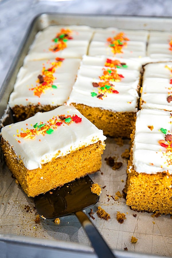 The Best Homemade Pumpkin Cake Ever - baked full of flavor with applesauce and spices then spread with a thick layer of tangy, smooth frosting.