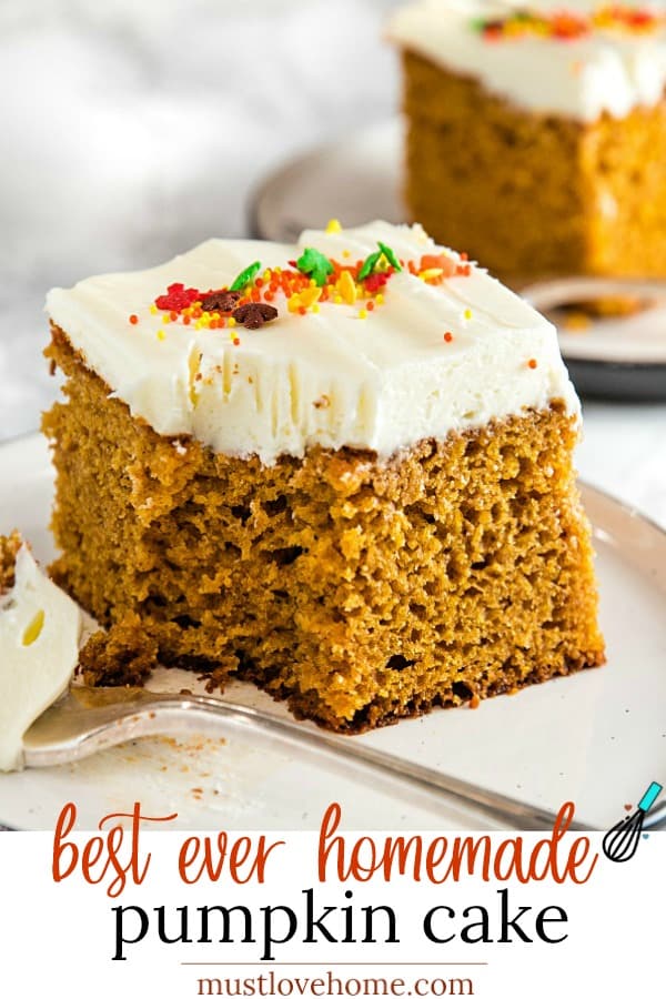 The Best Homemade Pumpkin Cake Ever - baked full of flavor with applesauce and spices then spread with a thick layer of tangy, smooth frosting.