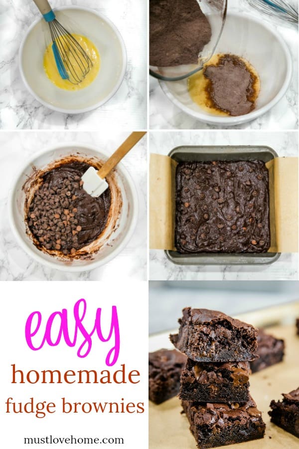 Fudge Brownies from scratch are made with cocoa and semi-sweet chocolate chips for a mouth-watering chewy brownie that will get chocolate lovers' hearts racing. #mustlovehomecooking
