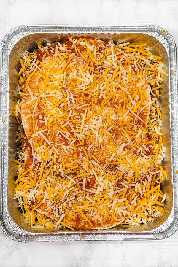 Layering mexican lasagna in foil pan for freezing