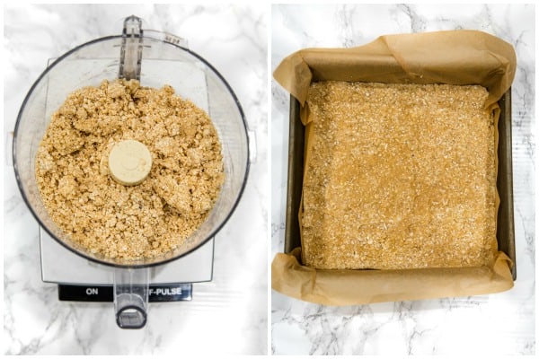 crumb mix in food processor and pressed into baking pan for crumb bars