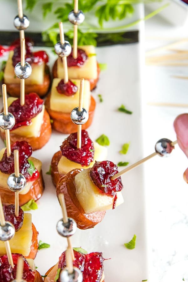 Sheet Pan Smoked Sausage with Cranberry Bites made with cubes of white cheddar and whole cranberry sauce. They're incredibly easy and perfect for holidays or an appetizer for any gathering! #mustlovehomecooki8ng