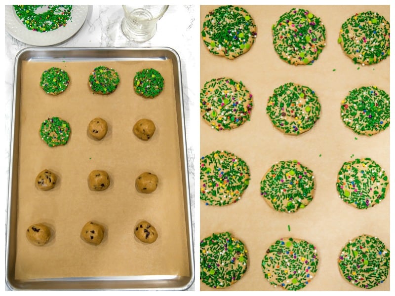 rolled cookies dough with sprinkles on sheet pan ready for the oven