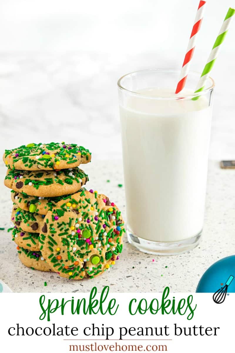 Sprinkle Chocolate Chip Peanut Butter Cookies with lots of peanut butter, mini chocolate chips and sprinkles make them so flavorful and festive for the holidays. #mustlovehomecooking