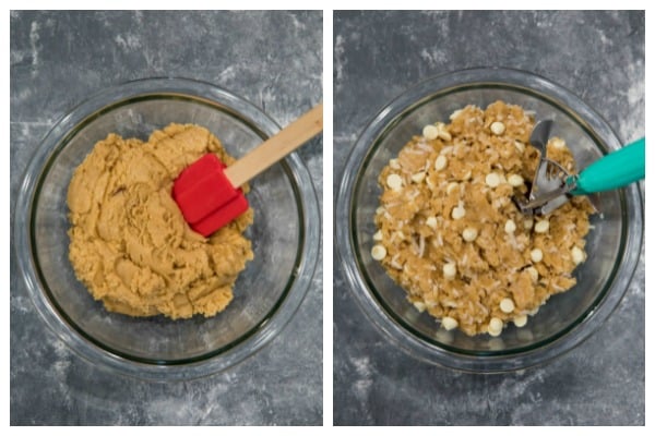 coconut cookie dough in a glass mixing bowl