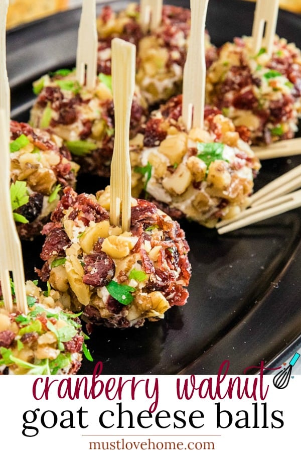Festive bite size cheese balls take only minutes and are chock full of tangy goat cheese, cranberries and crunchy walnuts! #mustlovehomecooking