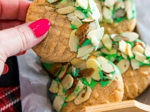 Easy to make Double Almond Butter Cookies - shortbread cookie taste dressed for the holidays with colored chocolate and a sprinkle of almonds! #mustlovehomecooking