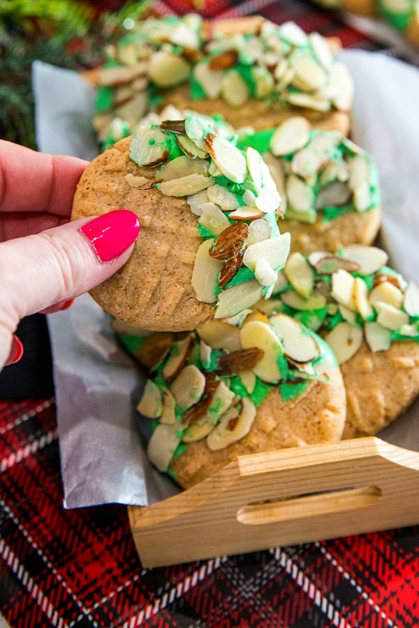 Easy to make Double Almond Butter Cookies - shortbread cookie taste dressed for the holidays with colored chocolate and a sprinkle of almonds! #mustlovehomecooking