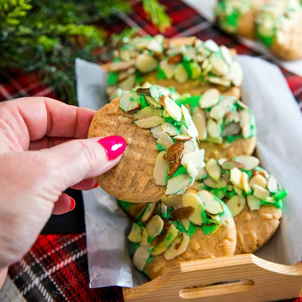 Easy to make Double Almond Butter Cookies - shortbread cookie taste dressed for the holidays with colored chocolate and a sprinkle of almonds! #mustlovehomecooking