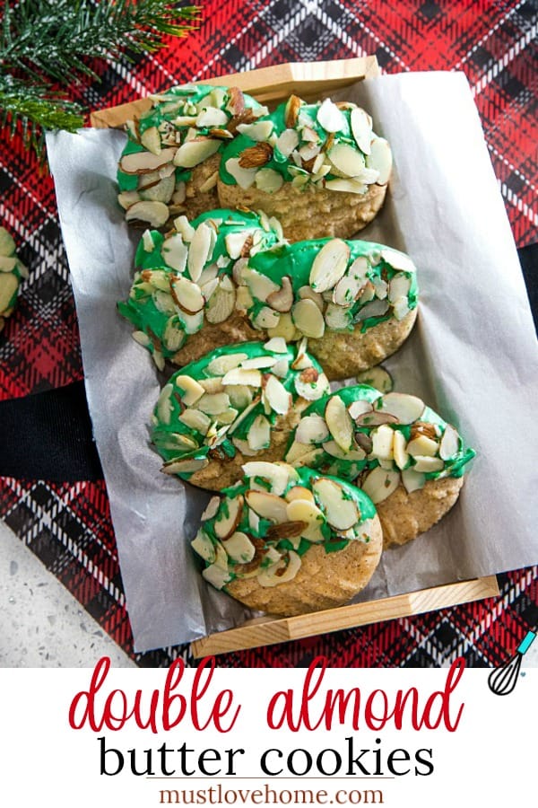 Easy to make Double Almond Butter Cookies - shortbread cookie taste dressed for the holidays with colored chocolate and a sprinkle of almonds! #mustlovehomecooking