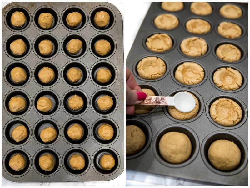 peanut butter cookie dough in mini muffin tin ready for cup baking
