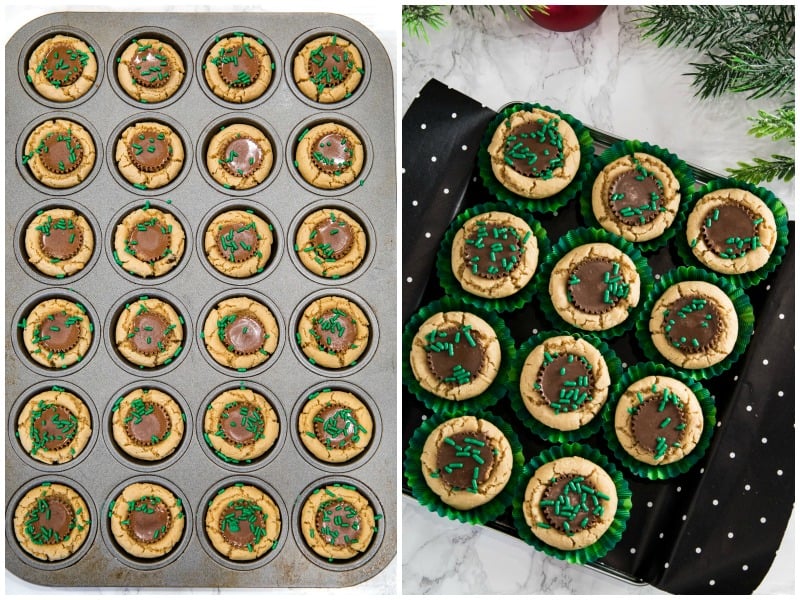 delicious holiday treats of peanut butter cookie dough baked into mini cups and stuffed with a mini chocolate peanut butter cup.