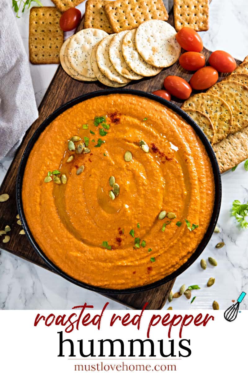 Easy Roasted Red Pepper Hummus recipe with tahini, chickpeas and spices is healthy, simple to make and so much tastier than store bought. Ready in 5 minutes! #nustlovehomecooking