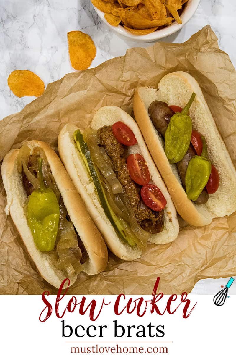 Full of malt and garlic flavors, these slow cooker beer brats are one of the easiest and tastiest crock pot recipes you'll ever make. #mustlovehomecooking