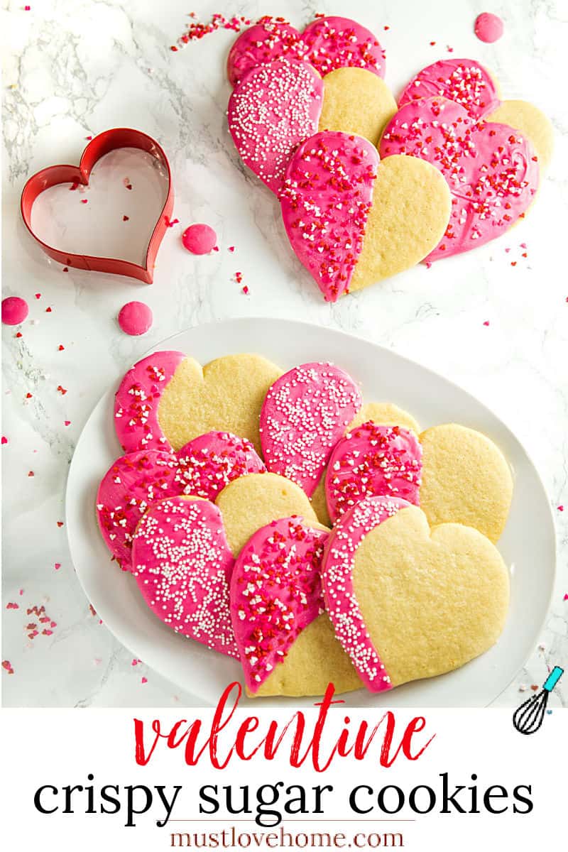 Crispy sugar cookies cut-outs decorated for your Valentine! Easy recipe for any occasion. #mustlovehomecooking