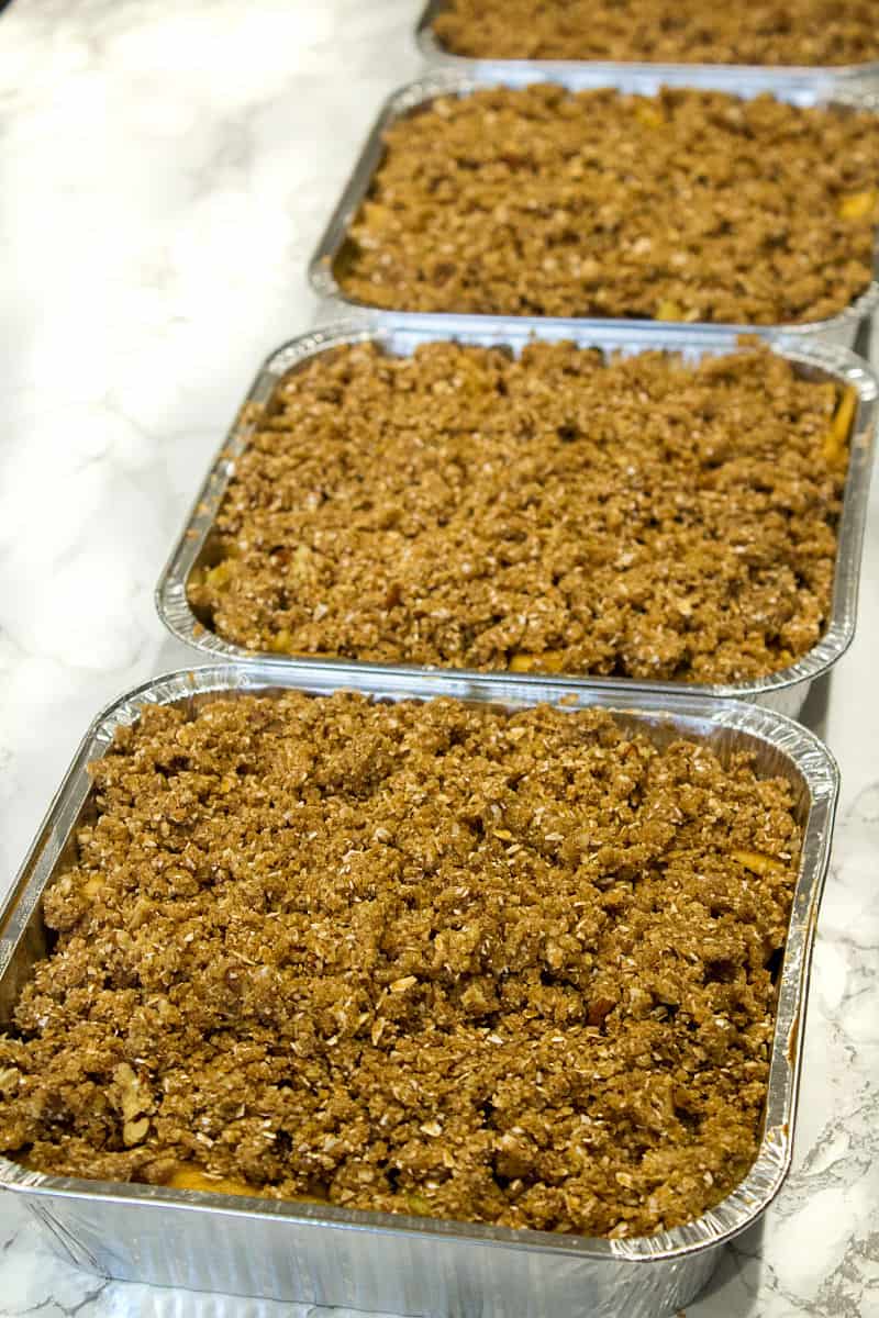 Apple crisp in foil pans ready for the freezer