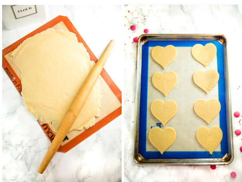 rolling out cookie dough and sugar cookie dough on blue baking mat