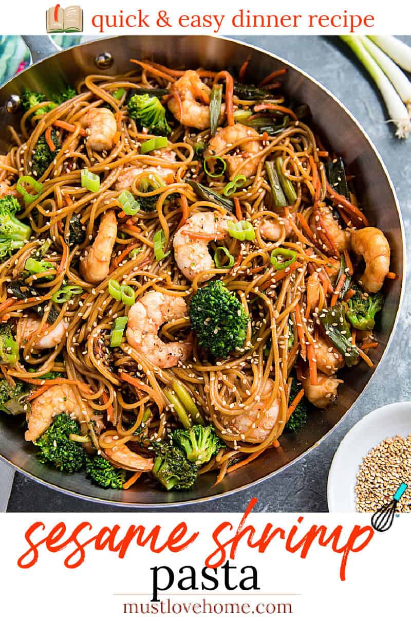 Quick and easy pan fried shrimp and vegetables, tossed with pasta and coated with an addictive spicy sesame sauce.. #mustlovehomecooking