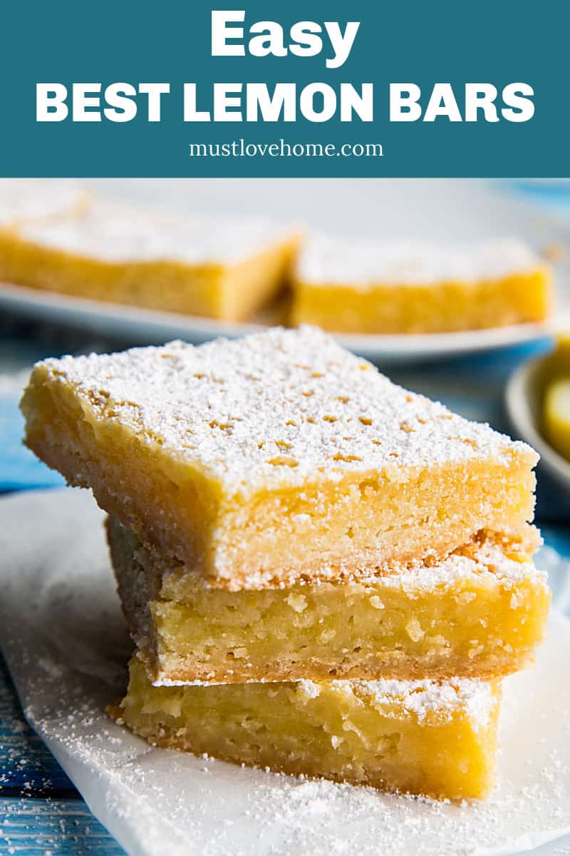 Bright and zippy lemons bars with a buttery shortbread crust and tangy lemon filling. Easy to make and totally delicious! #mustlovehomecooking