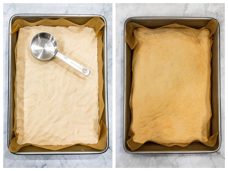 Unbaked and baked shortbread crust for easy lemon bars in 9 x 13 metal pan