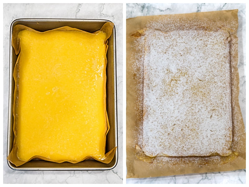 Lemon filling and baked lemon bars sprinkled with powdered sugar for easy lemon bars in 9 x 13 metal pan