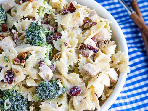 This chunky Broccoli Chicken Pasta Salad combines broccoli salad and chicken salad into one delicious dish that can be eaten on it's own or perfect as a side. #mustlovehomecooking