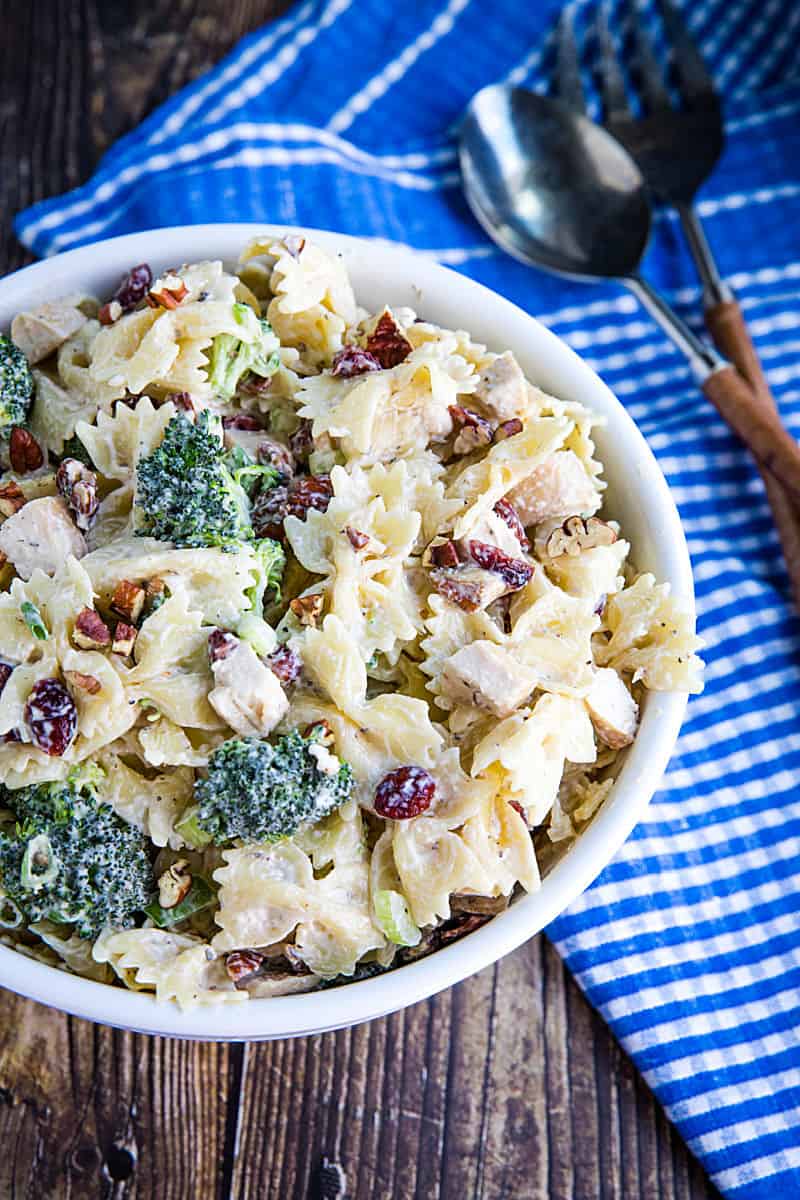 This chunky Broccoli Chicken Pasta Salad combines broccoli salad and chicken salad into one delicious dish that can be eaten on it's own or perfect as a side. #mustlovehomecooking