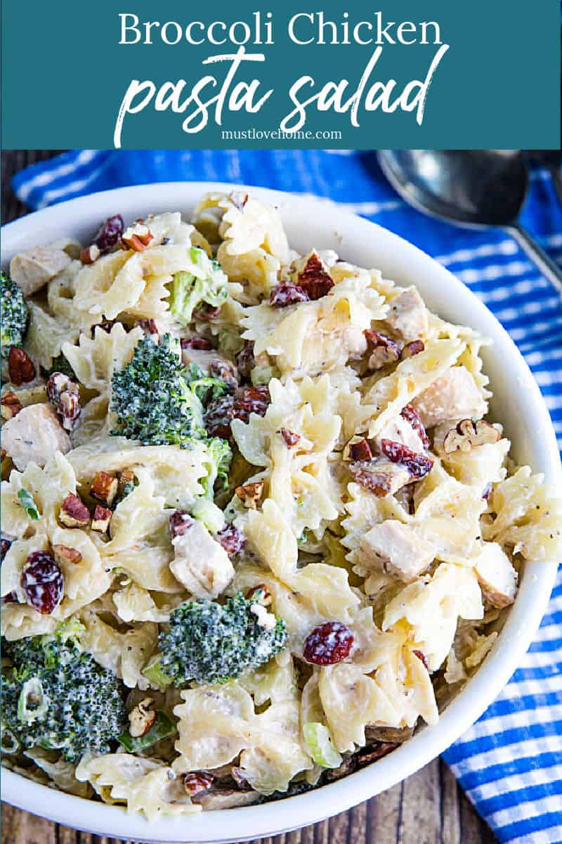 This chunky Broccoli Chicken Pasta Salad combines broccoli salad and chicken salad into one delicious dish that can be eaten on it's own or perfect as a side. #mustlovehomecooking