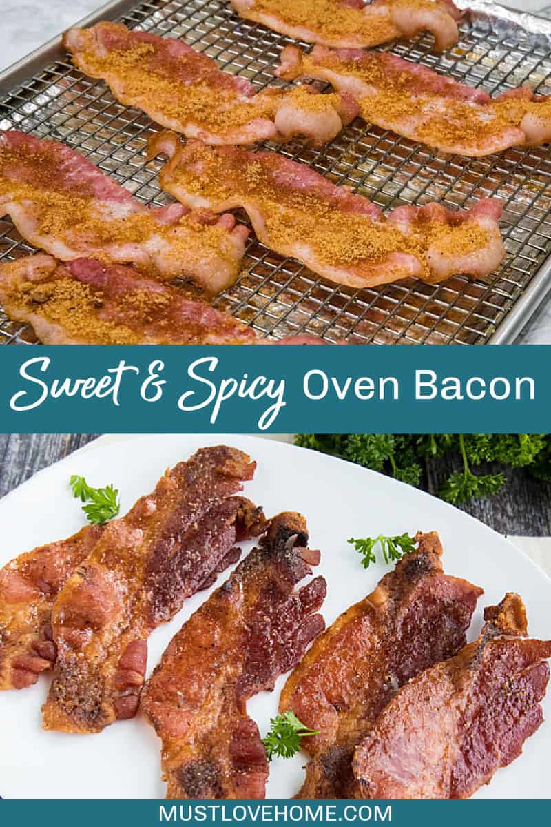 Spicy Sweet Oven Bacon, with brown sugar and spices, cooked perfectly crisp and delicious in the oven. So easy with no mess or splatter!