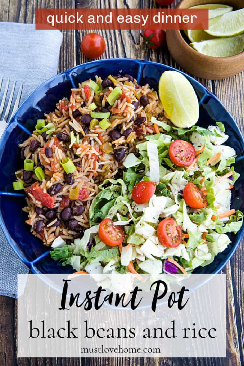 Instant Pot Black Beans and Rice is made quick and easy using a pressure cooker. Mildly spicy with green chilies and garlic, it's made from pantry staples and ready to serve in minutes. #mustlovehomecooking