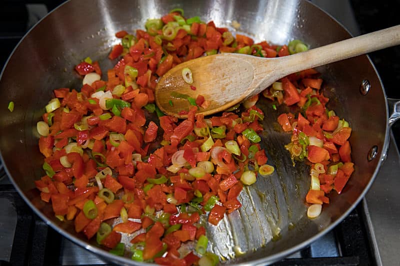 Making Peruvian Fried Rice in skillet