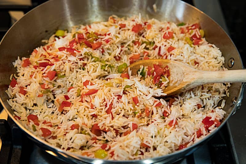 Making Peruvian Fried Rice in skillet