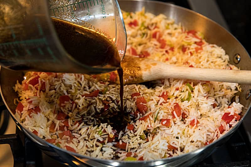 Making Peruvian Fried Rice in skillet