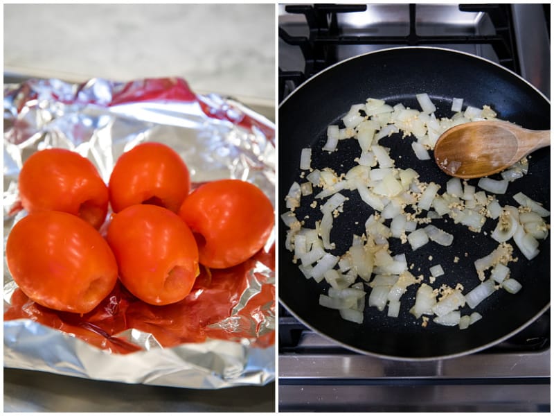 roasting tomatoes and cooking onion and garlic in skillet for chipotle enchilada sauce