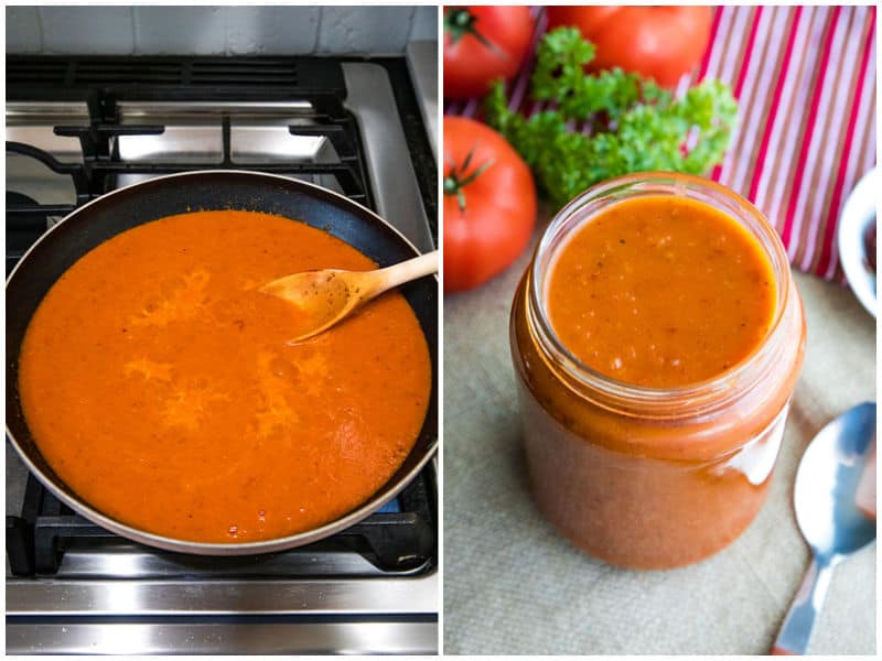 simmering enchilada sauce in skillet and transferring to mason jar for storing.