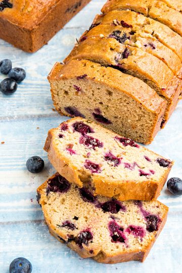 Blueberry Zucchini Bread is super simple and easy to make from scratch! This moist quick bread is made healthy with bursting blueberries, fresh zucchini and applesauce. #mustlovehomecooking