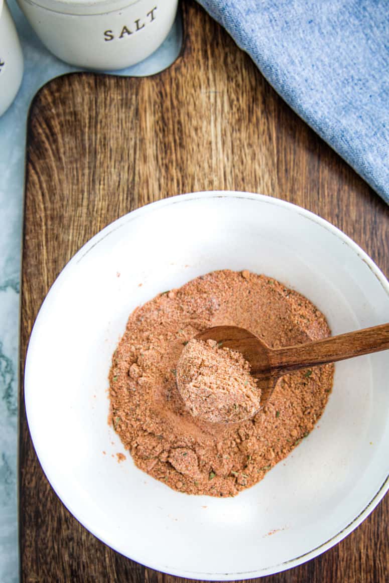 Spices mixed in white bowl.